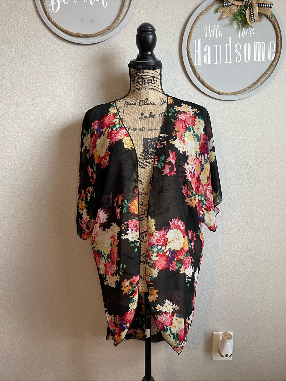 Black Floral Sheer Kimono Cardigan